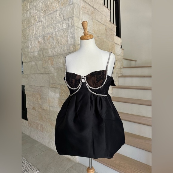 SELF PORTRAIT Black Taffetta Diamante Mini Dress - Picture 8 of 12